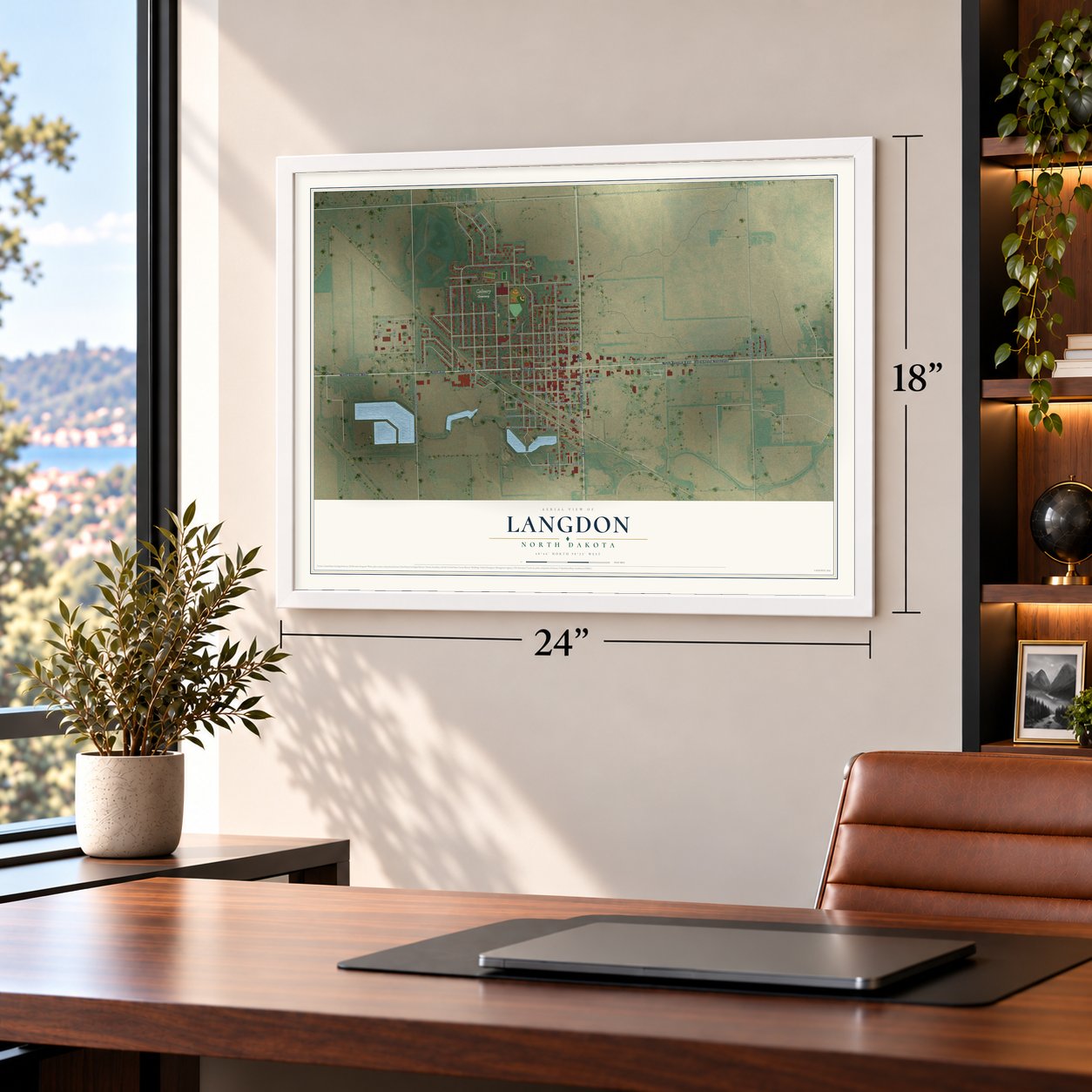 Langdon, North Dakota map, 18 x 24 inch print in a white frame in a home office