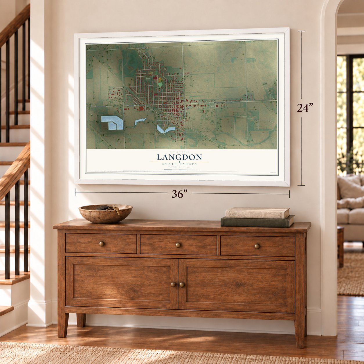 Langdon, North Dakota map, 24 x 36 inch print in a white frame above a dresser by a staircase