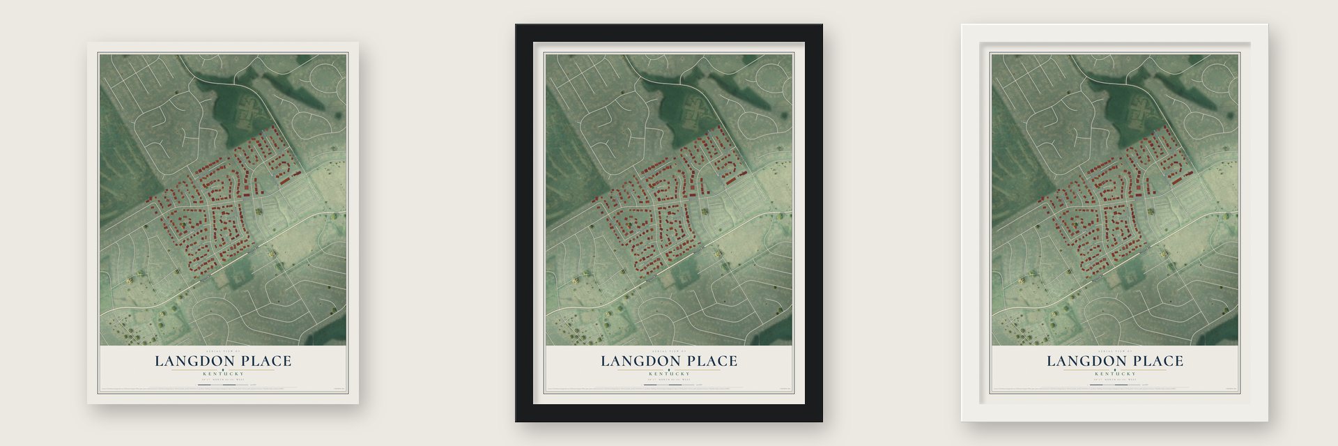 Langdon Place, Kentucky map unframed, in a black wood frame and in a white wood frame