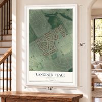 Langdon Place, Kentucky map, 24 x 36 inch print in a white frame by a staircase