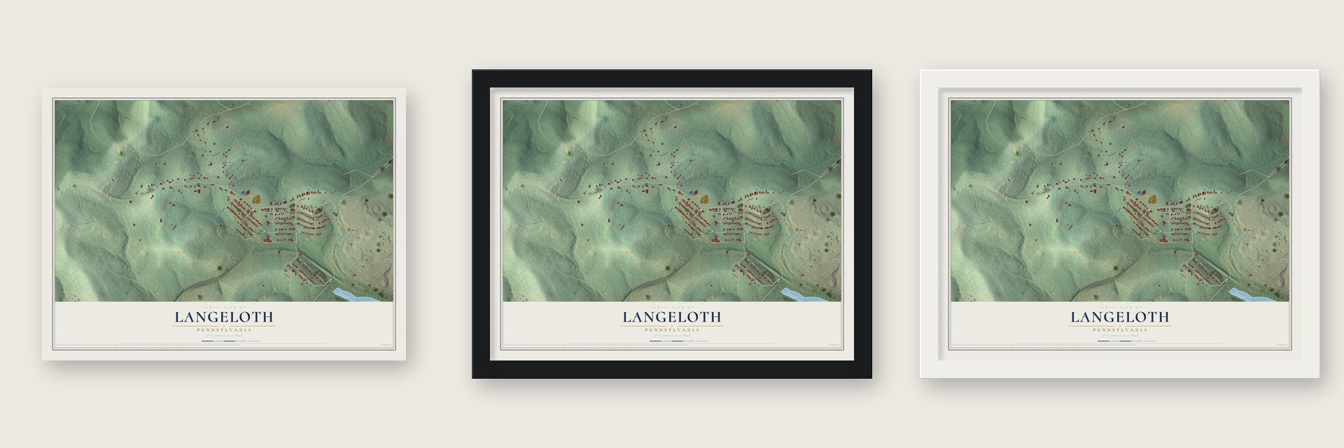 Langeloth, Pennsylvania map unframed, in a black wood frame and in a white wood frame