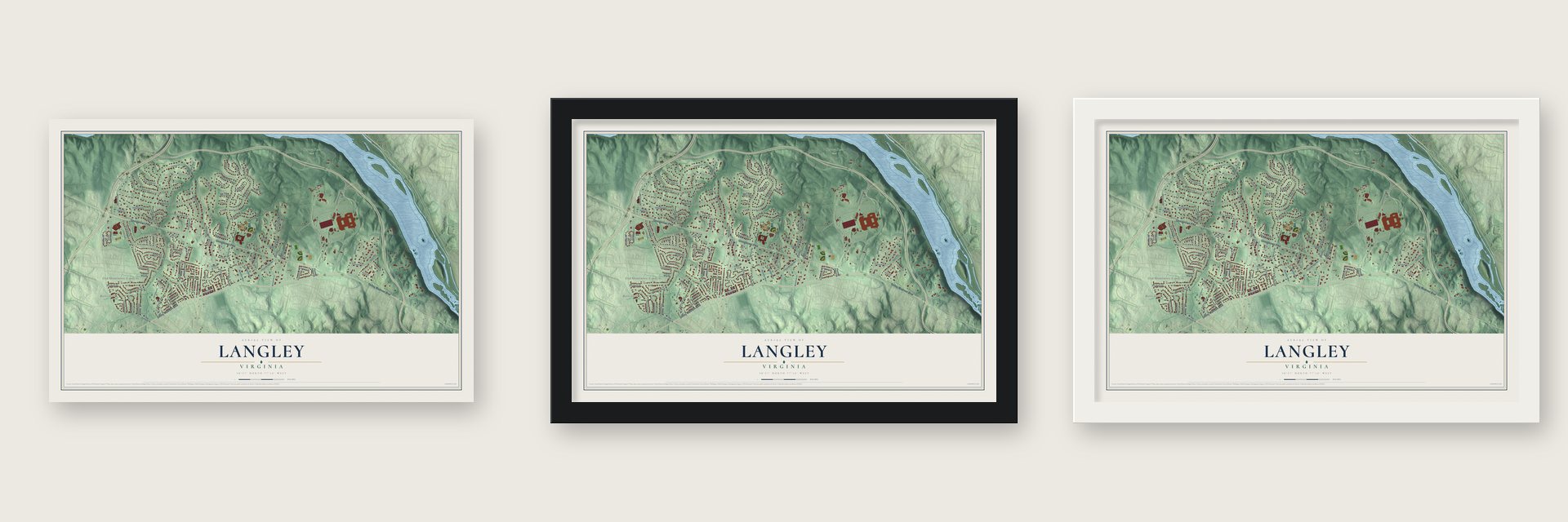 Langley, Virginia map unframed, in a black wood frame and in a white wood frame