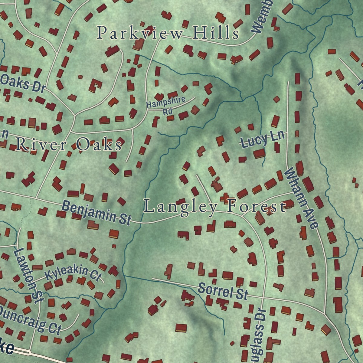 Second close-up of the map of Langley, Virginia print showing more streets and buildings