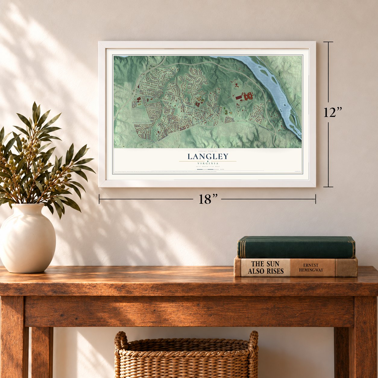 Langley, Virginia map, 12 x 18 inch print in a white frame in an entryway