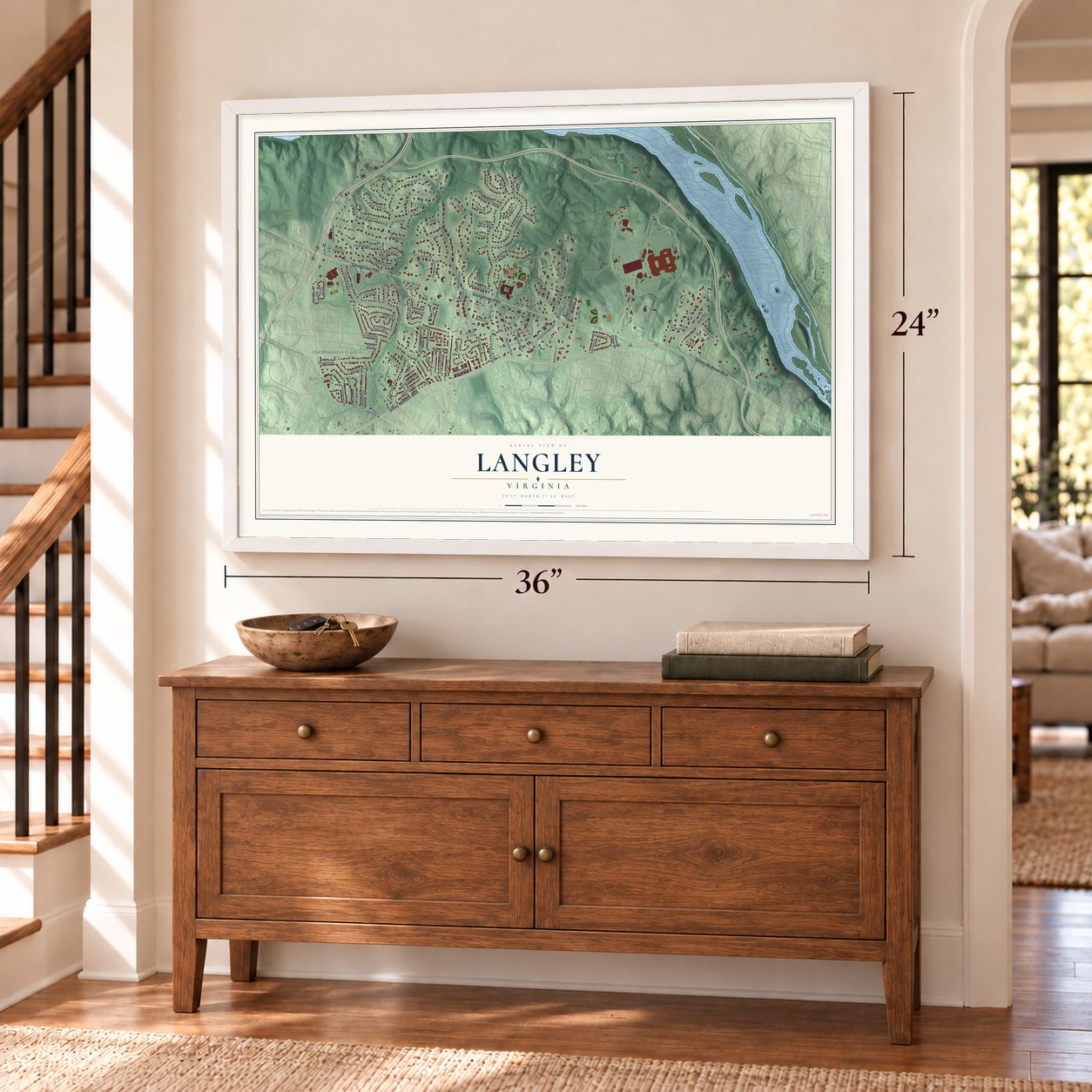 Langley, Virginia map, 24 x 36 inch print in a white frame above a dresser by a staircase