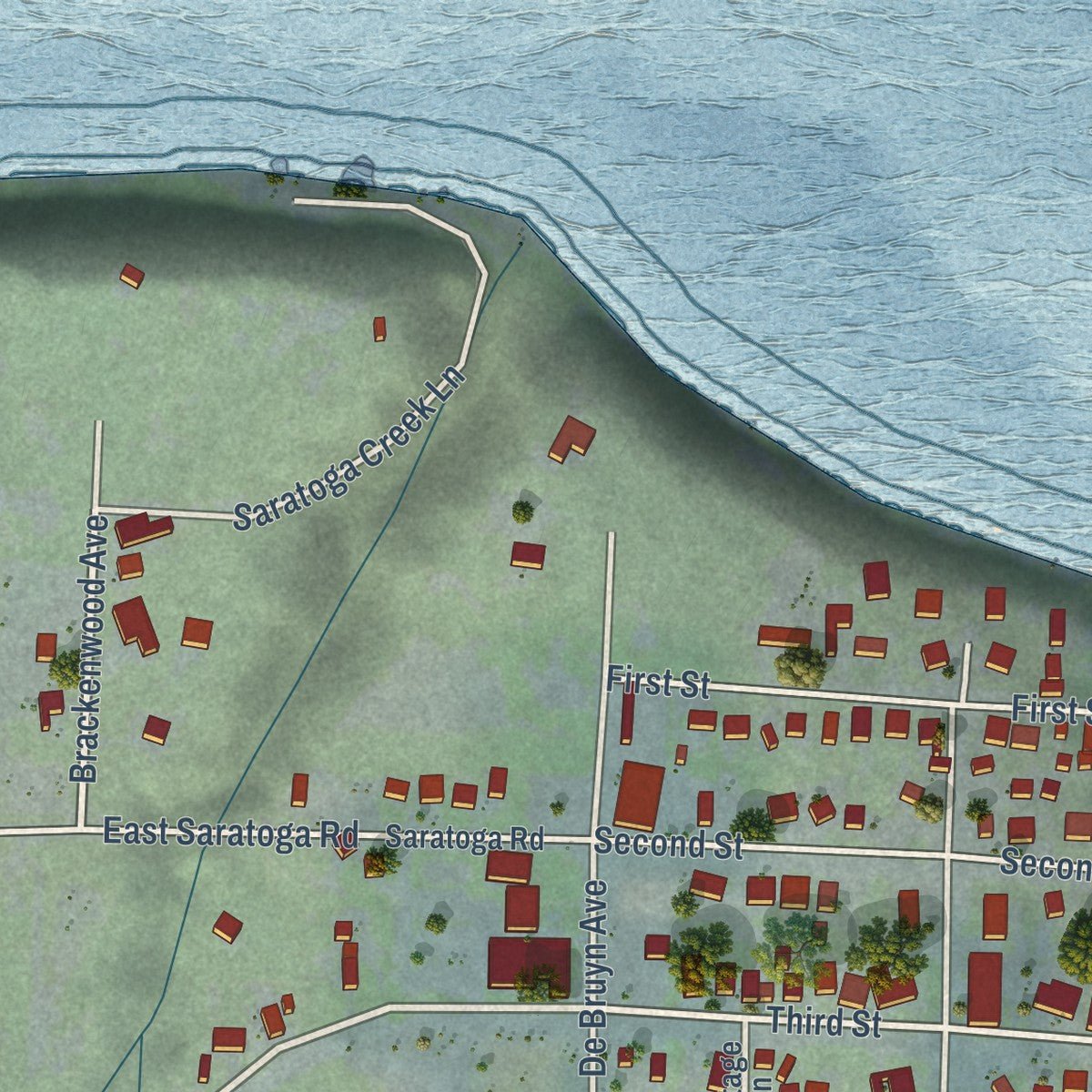 Second close-up of the map of Langley, Washington print showing more streets and buildings