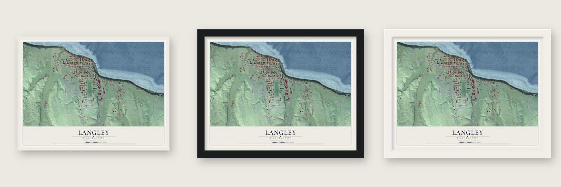 Langley, Washington map unframed, in a black wood frame and in a white wood frame