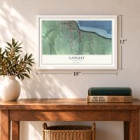 Langley, Washington map, 12 x 18 inch print in a white frame in an entryway