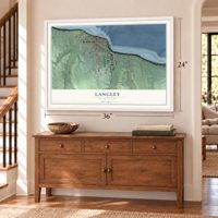 Langley, Washington map, 24 x 36 inch print in a white frame above a dresser by a staircase