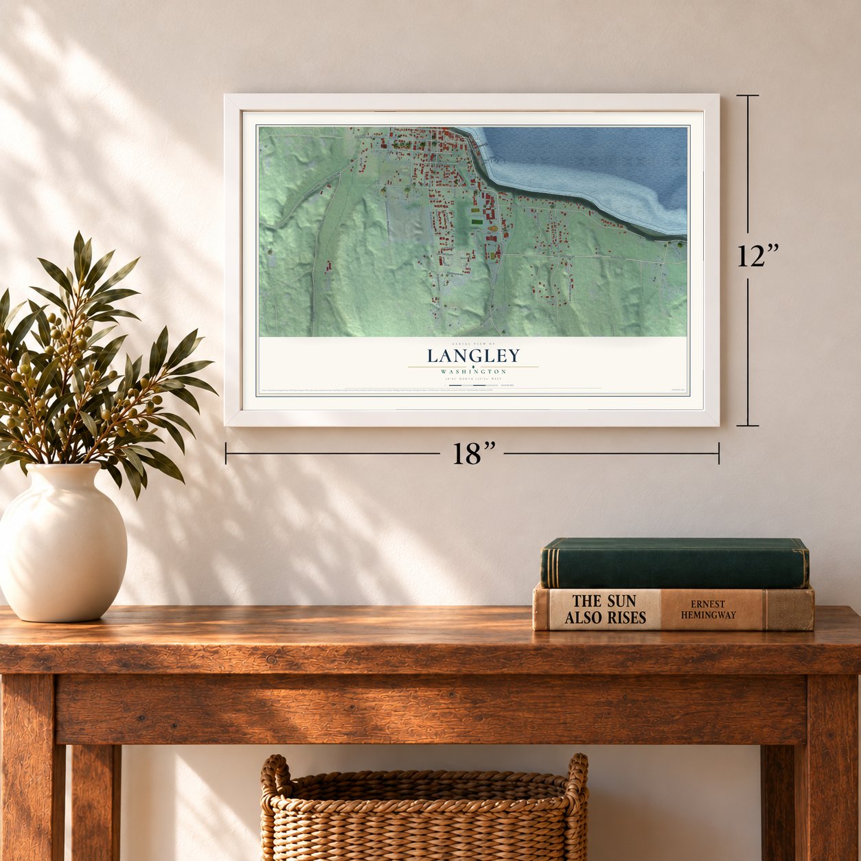 Langley, Washington map, 12 x 18 inch print in a white frame in an entryway