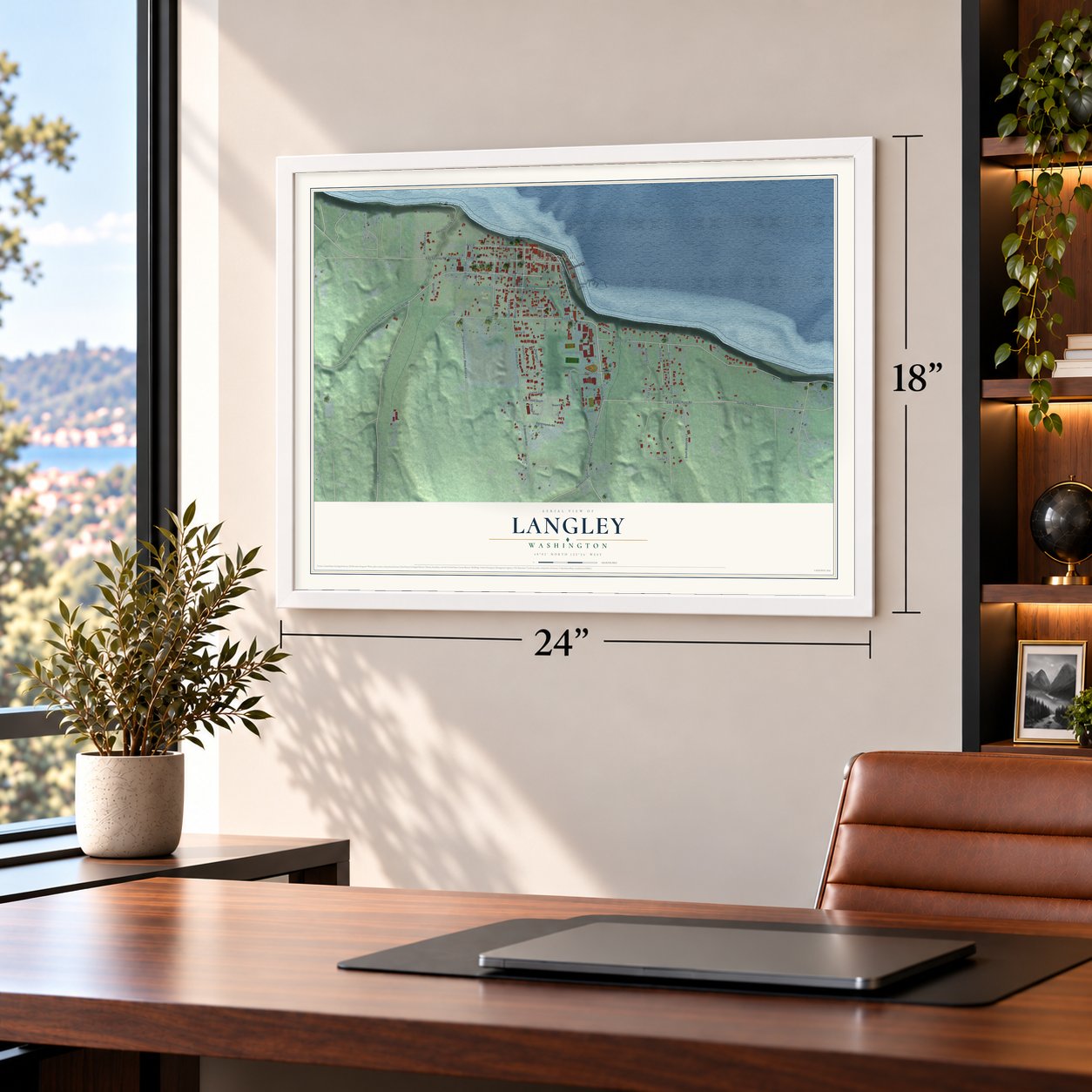 Langley, Washington map, 18 x 24 inch print in a white frame in a home office