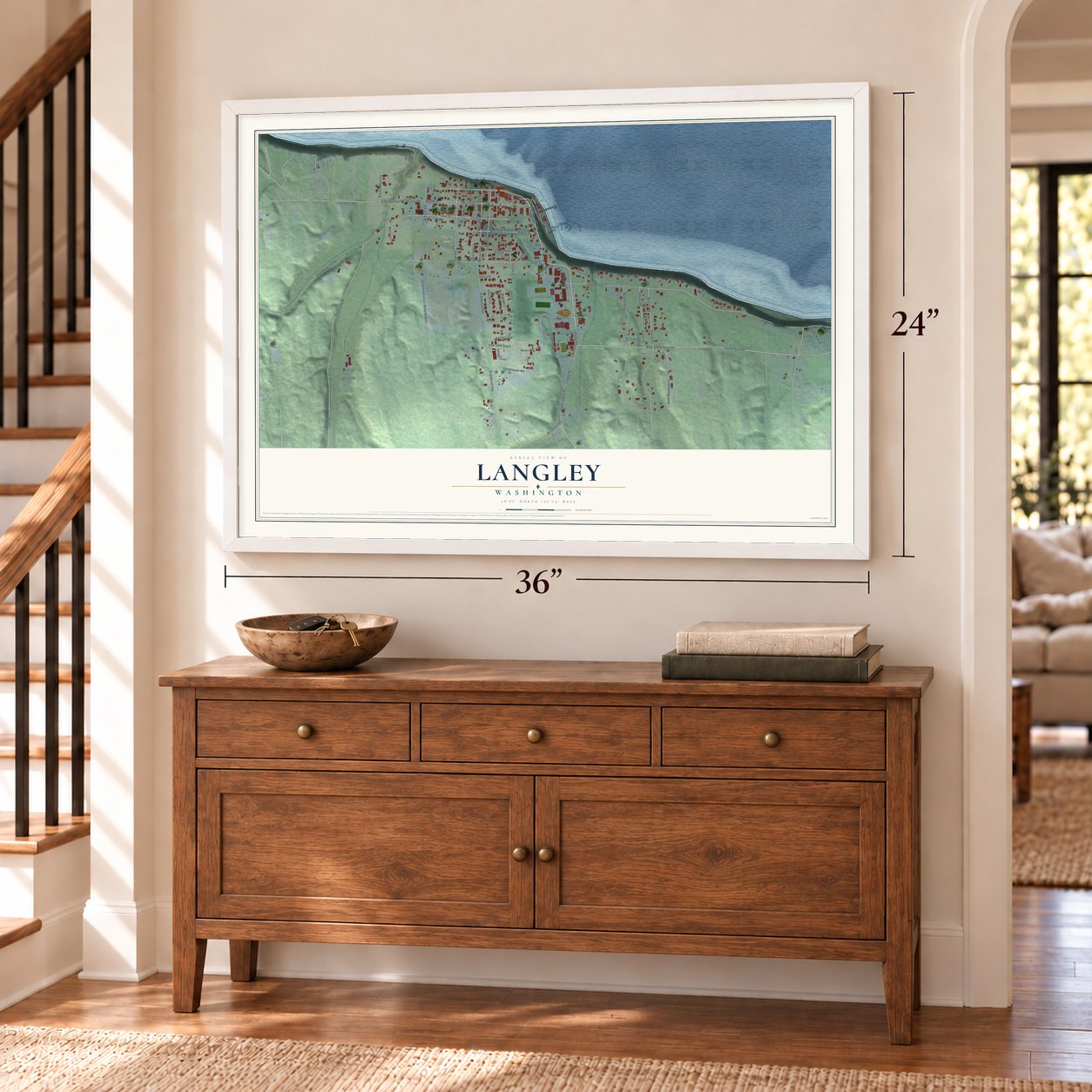 Langley, Washington map, 24 x 36 inch print in a white frame above a dresser by a staircase