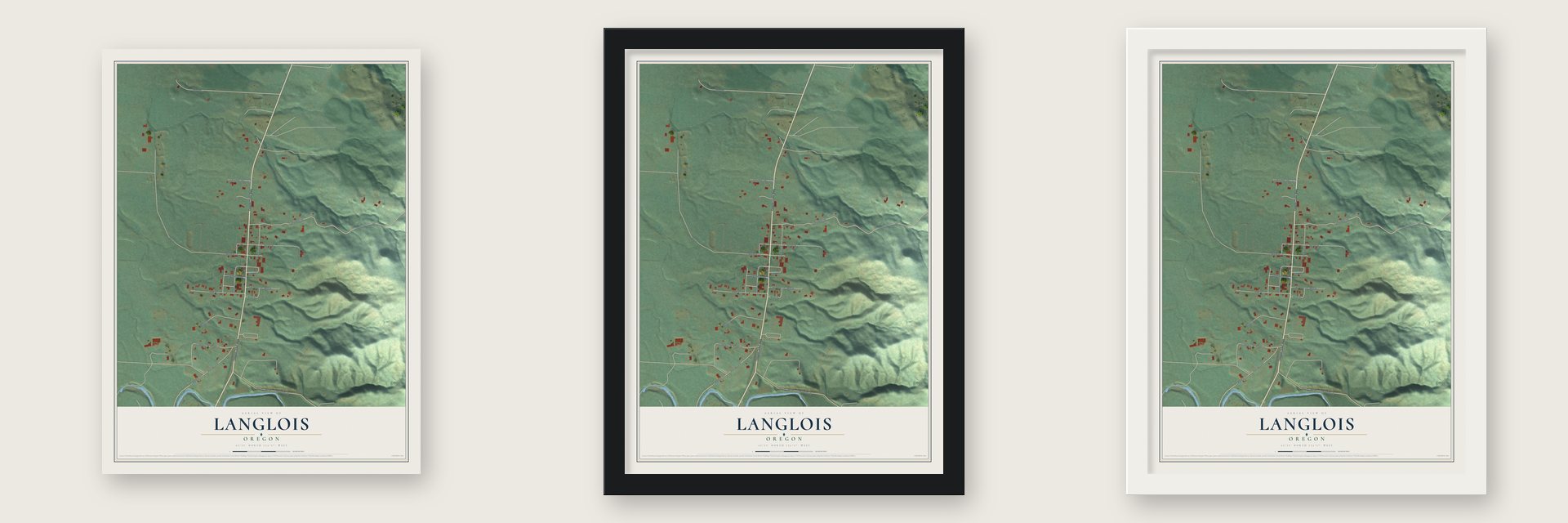 Langlois, Oregon map unframed, in a black wood frame and in a white wood frame
