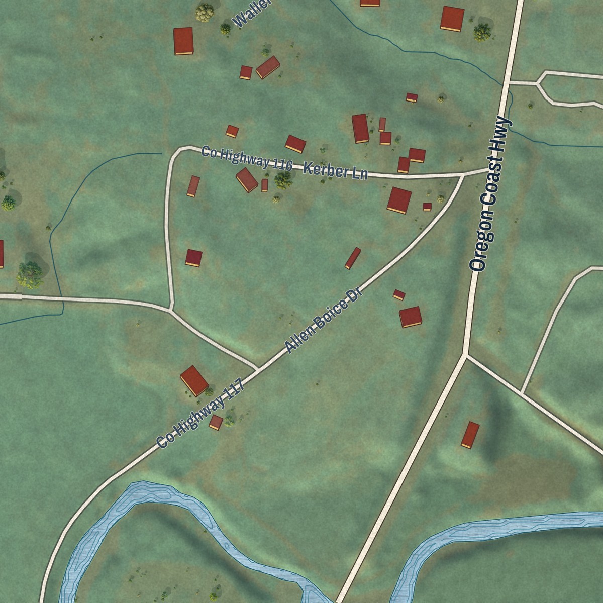 Second close-up of the map of Langlois, Oregon print showing more streets and buildings