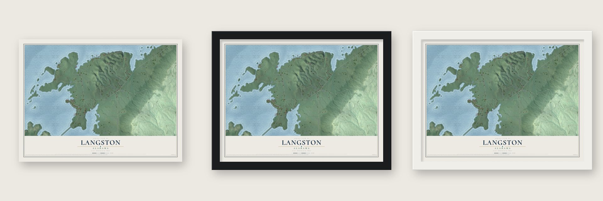 Langston, Alabama map unframed, in a black wood frame and in a white wood frame
