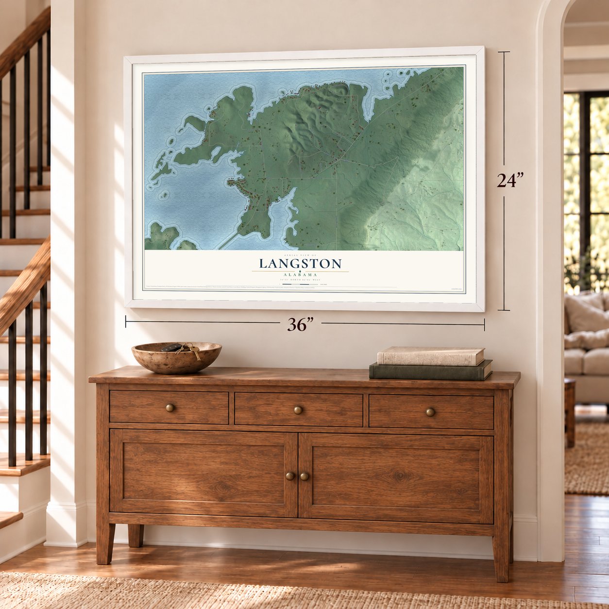 Langston, Alabama map, 24 x 36 inch print in a white frame above a dresser by a staircase