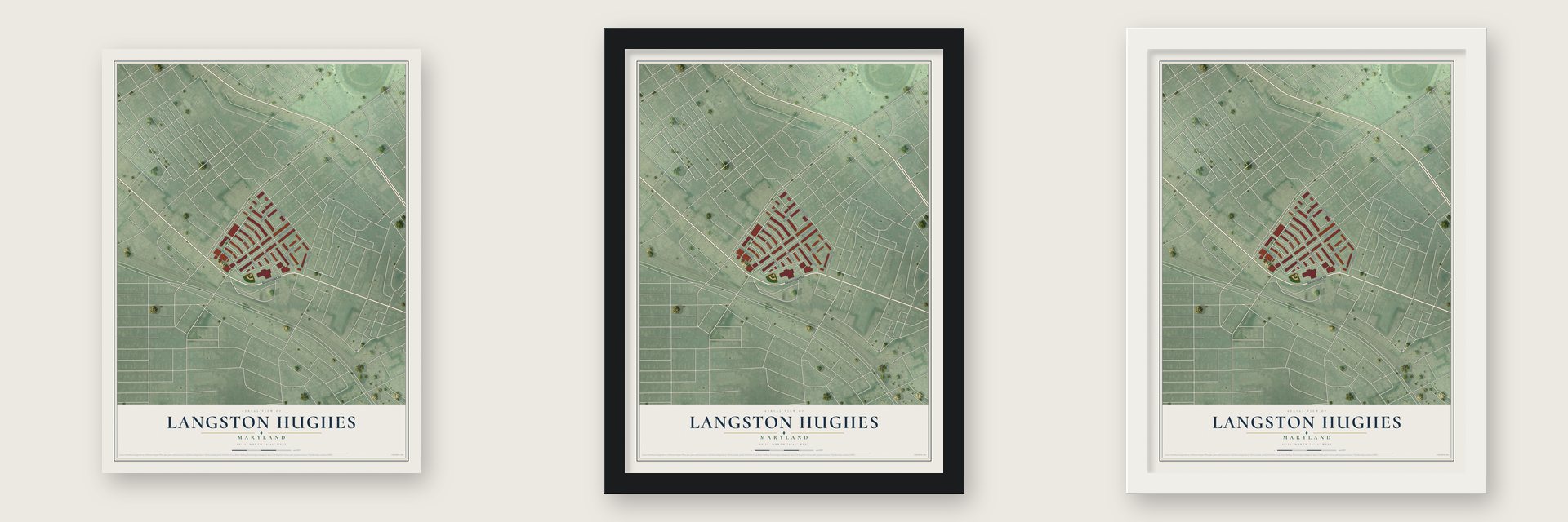 Langston Hughes, Maryland map unframed, in a black wood frame and in a white wood frame