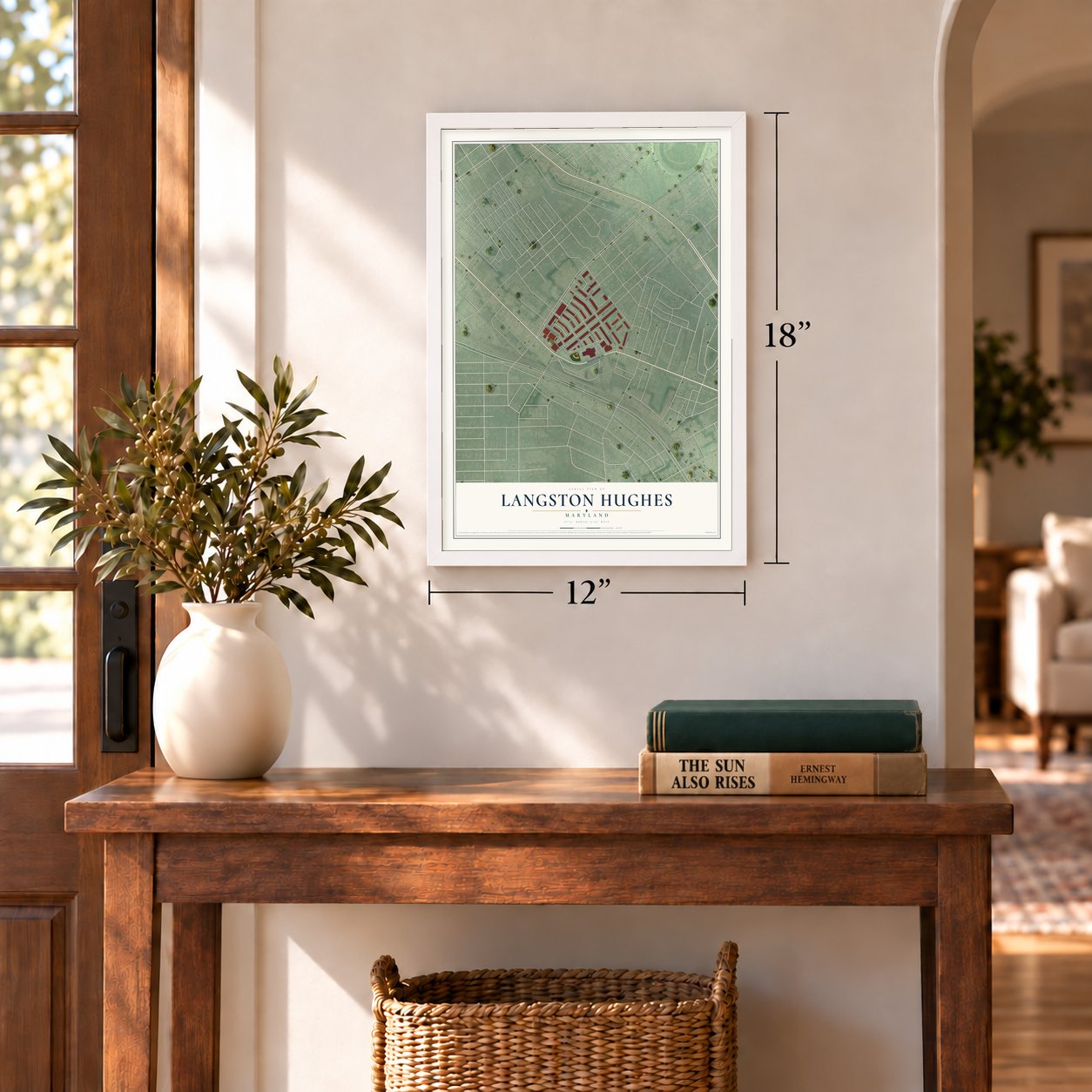 Langston Hughes, Maryland map, 12 x 18 inch print in a white frame in an entryway