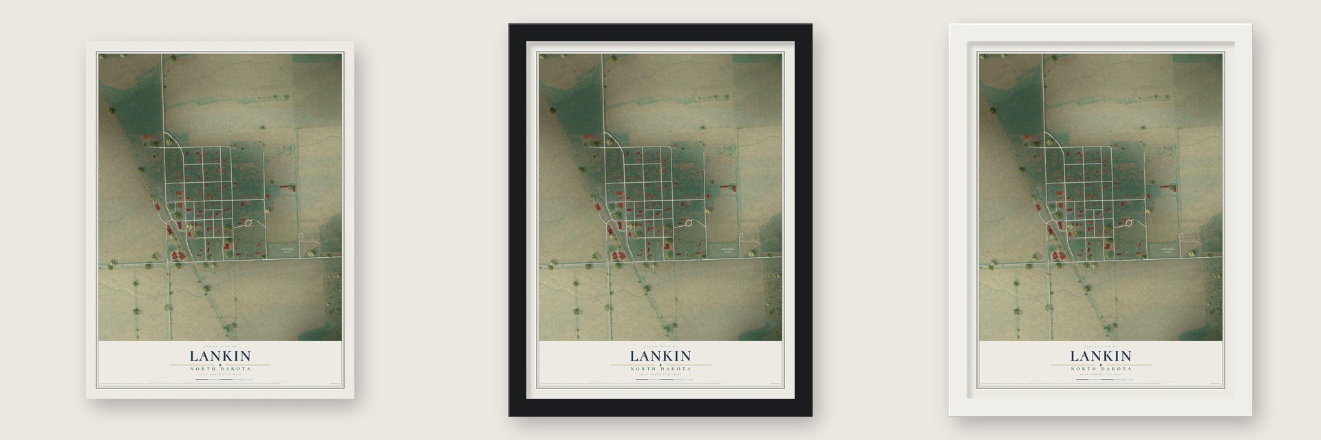 Lankin, North Dakota map unframed, in a black wood frame and in a white wood frame