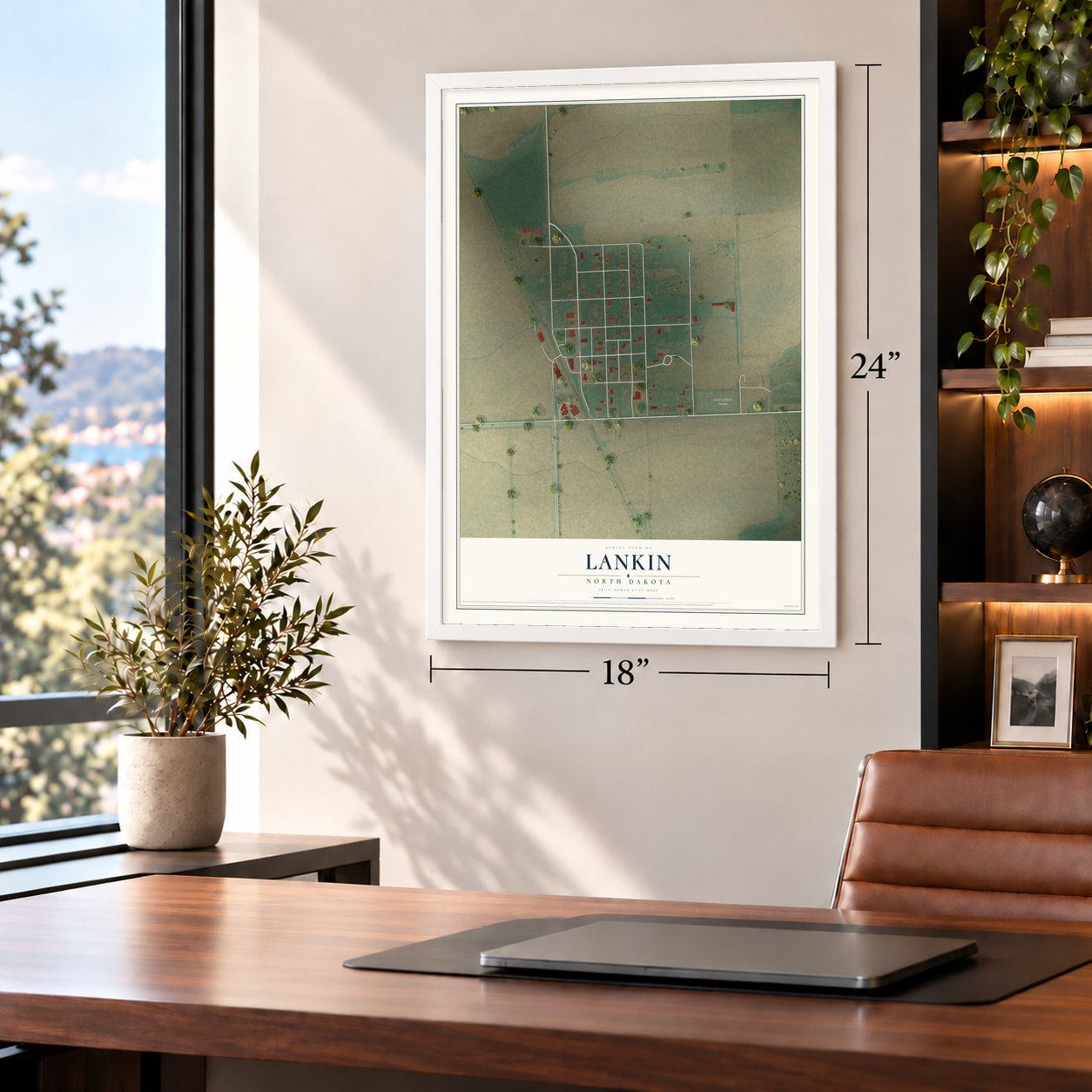 Lankin, North Dakota map, 18 x 24 inch print in a white frame in a home office