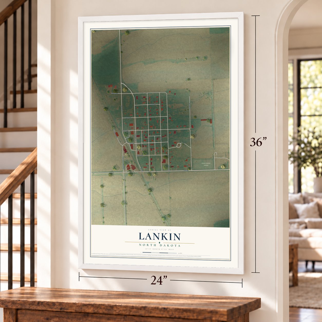Lankin, North Dakota map, 24 x 36 inch print in a white frame by a staircase