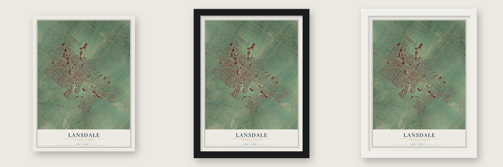 Lansdale, Pennsylvania map unframed, in a black wood frame and in a white wood frame