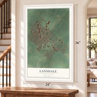 Lansdale, Pennsylvania map, 24 x 36 inch print in a white frame by a staircase