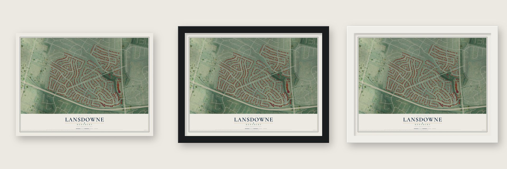 Lansdowne, Kentucky map unframed, in a black wood frame and in a white wood frame