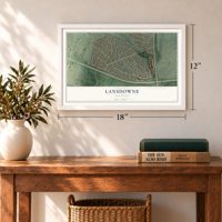 Lansdowne, Kentucky map, 12 x 18 inch print in a white frame in an entryway