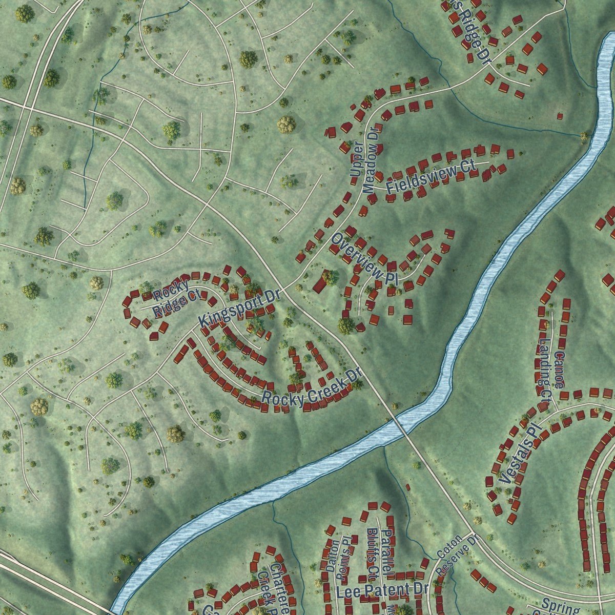 Second close-up of the map of Lansdowne, Virginia print showing more streets and buildings