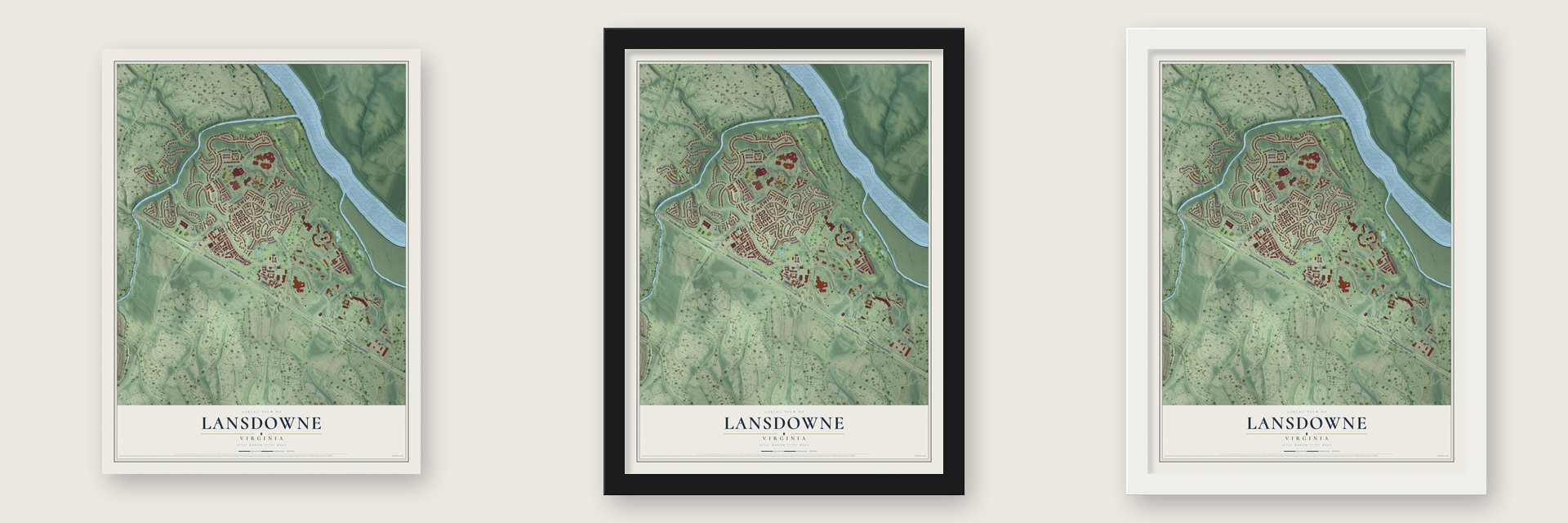 Lansdowne, Virginia map unframed, in a black wood frame and in a white wood frame