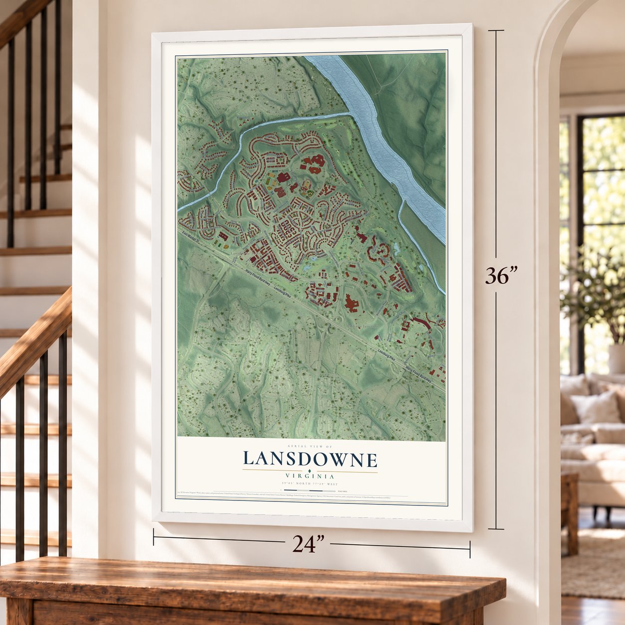 Lansdowne, Virginia map, 24 x 36 inch print in a white frame by a staircase