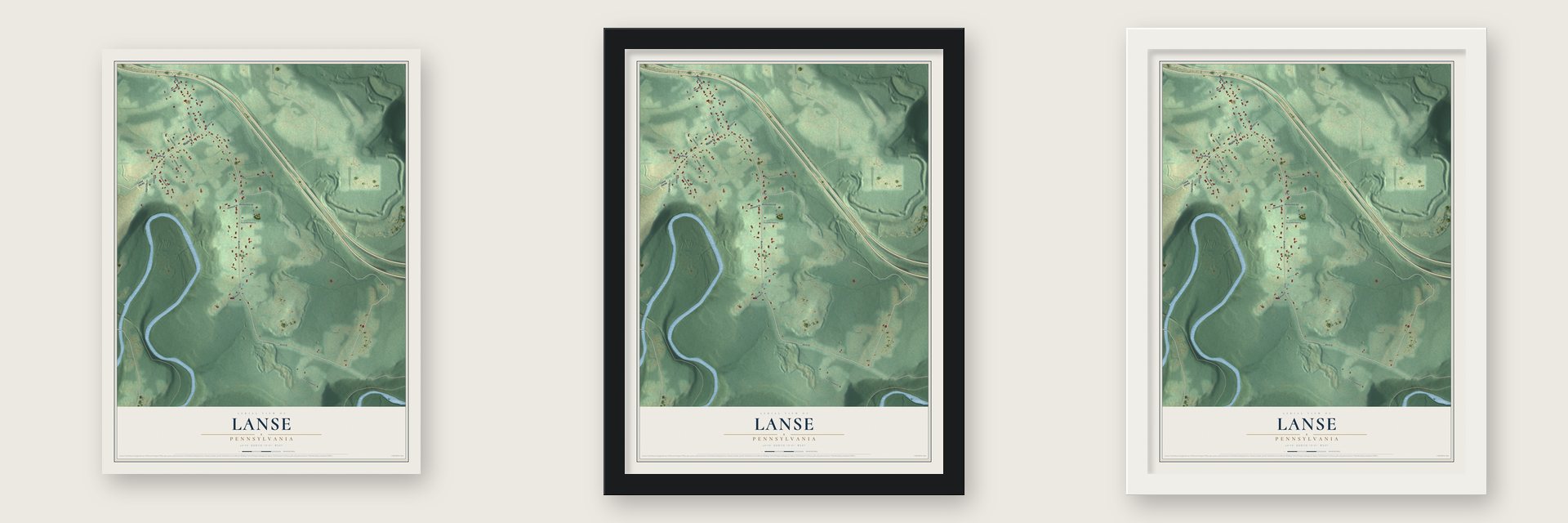 Lanse, Pennsylvania map unframed, in a black wood frame and in a white wood frame