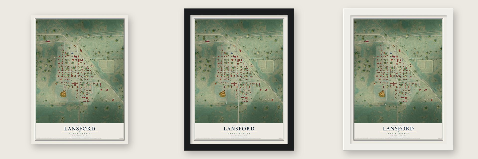 Lansford, North Dakota map unframed, in a black wood frame and in a white wood frame