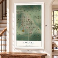 Lansford, North Dakota map, 24 x 36 inch print in a white frame by a staircase