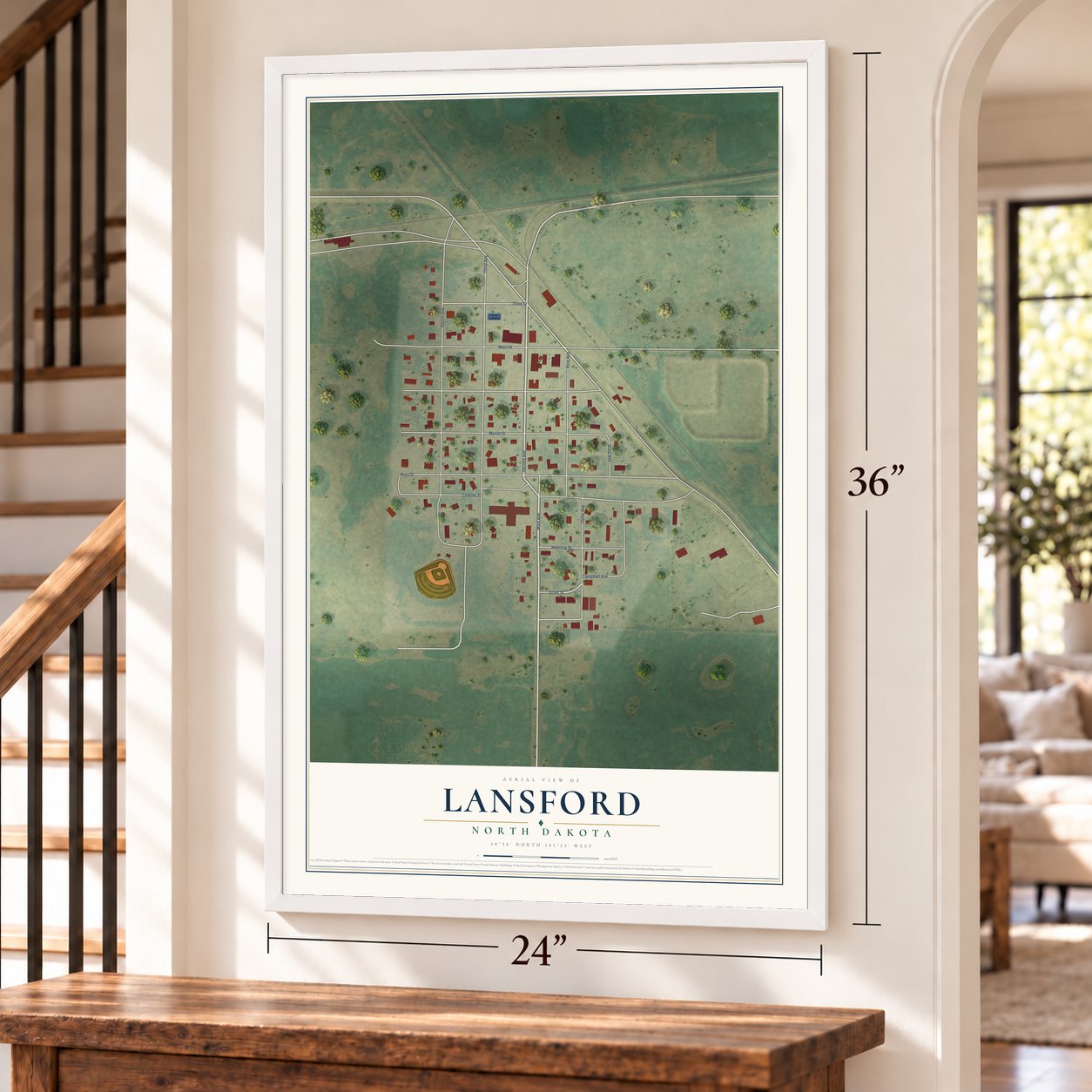Lansford, North Dakota map, 24 x 36 inch print in a white frame by a staircase