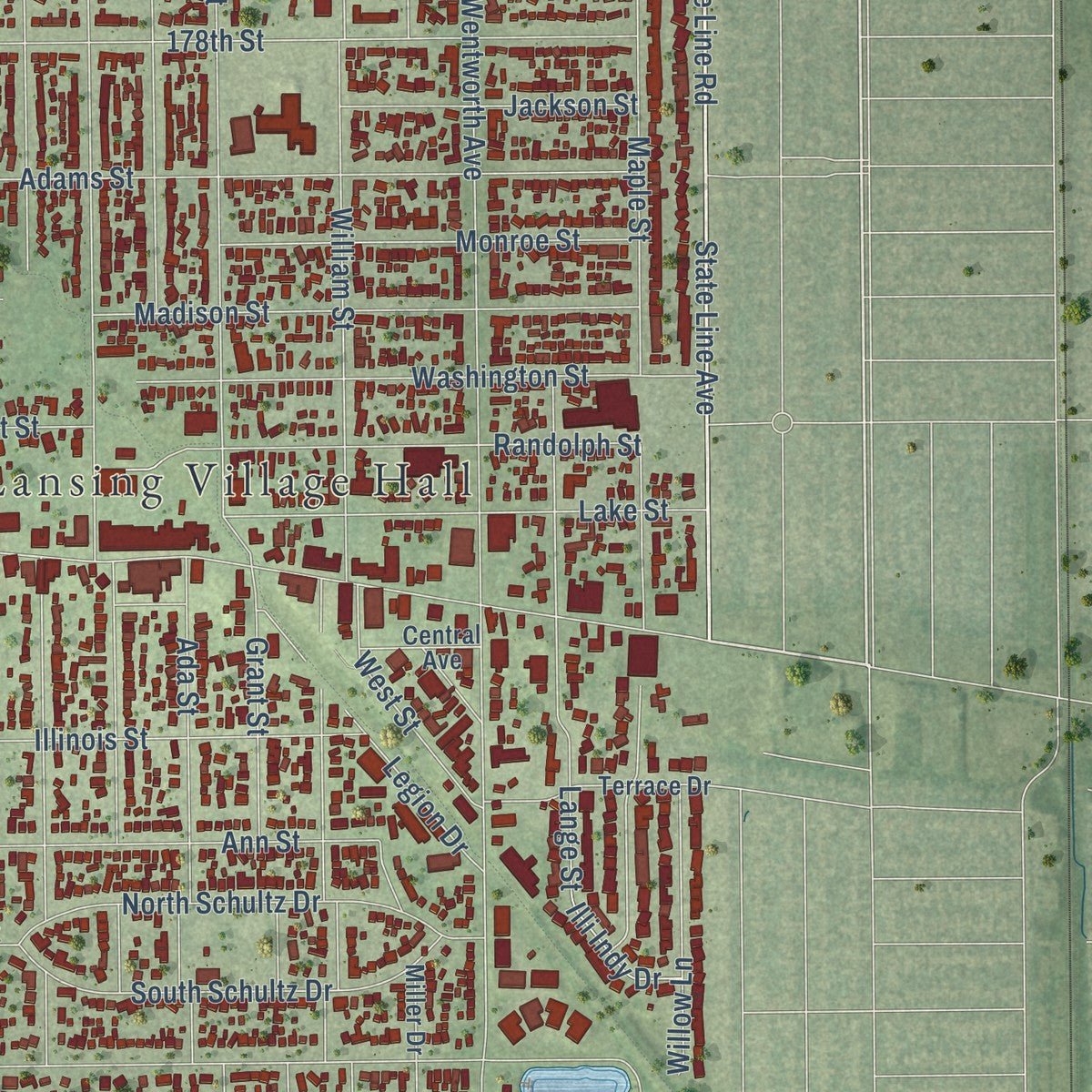 Second close-up of the map of Lansing, Illinois print showing more streets and buildings