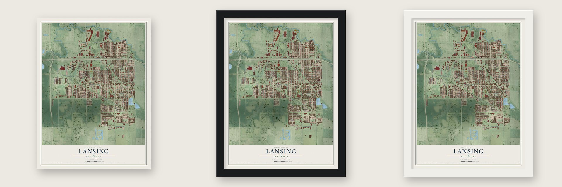 Lansing, Illinois map unframed, in a black wood frame and in a white wood frame