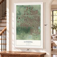 Lansing, Illinois map, 24 x 36 inch print in a white frame by a staircase