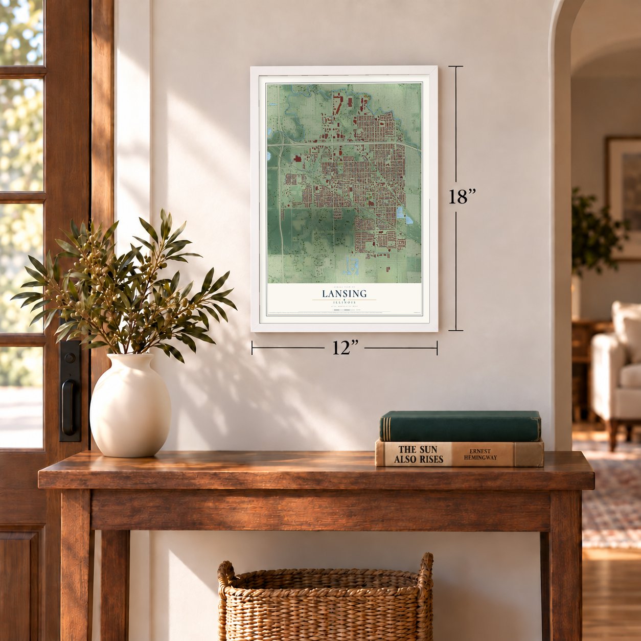 Lansing, Illinois map, 12 x 18 inch print in a white frame in an entryway