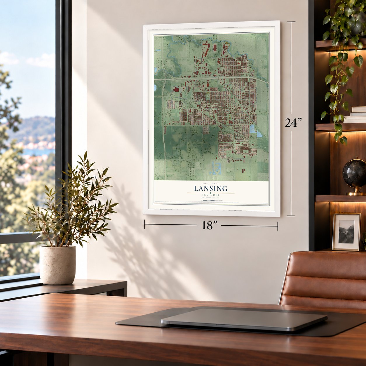 Lansing, Illinois map, 18 x 24 inch print in a white frame in a home office