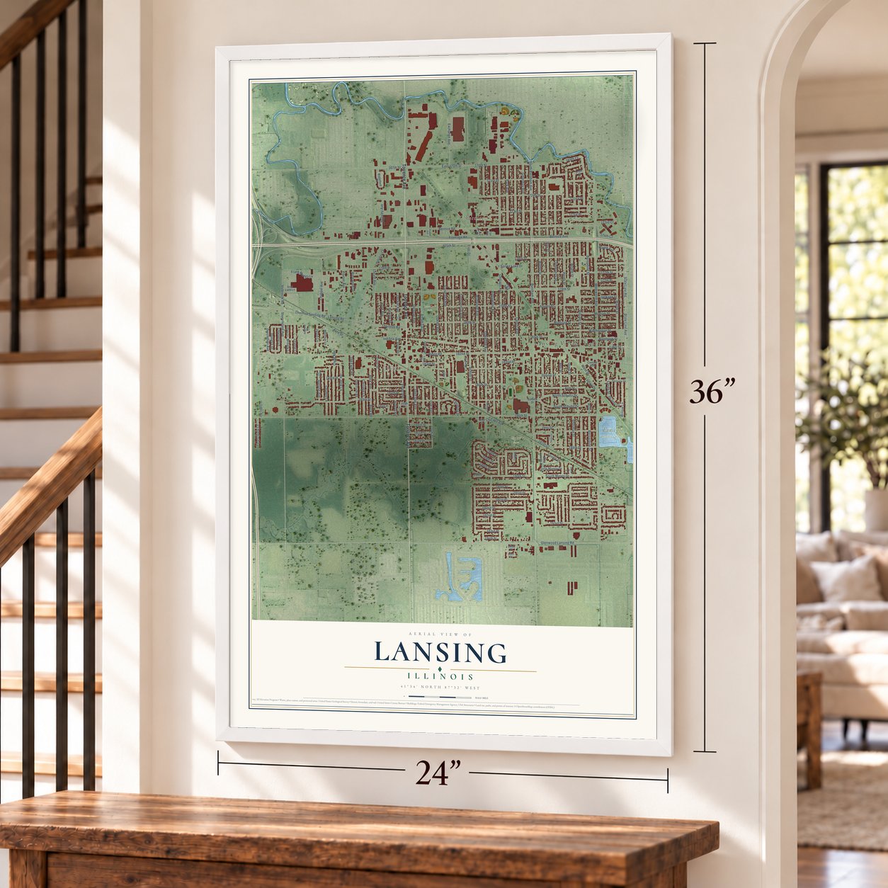 Lansing, Illinois map, 24 x 36 inch print in a white frame by a staircase