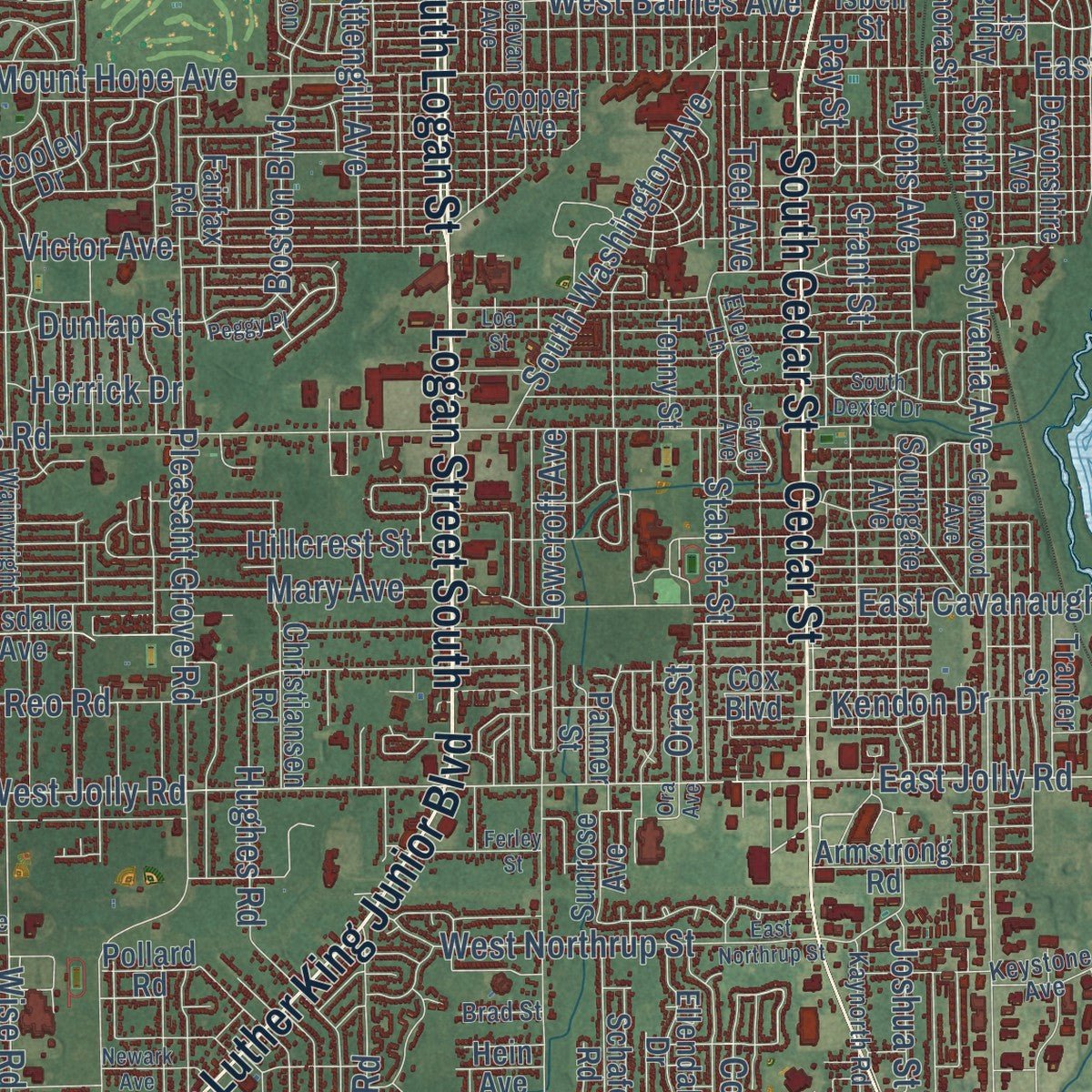 Second close-up of the map of Lansing, Michigan print showing more streets and buildings