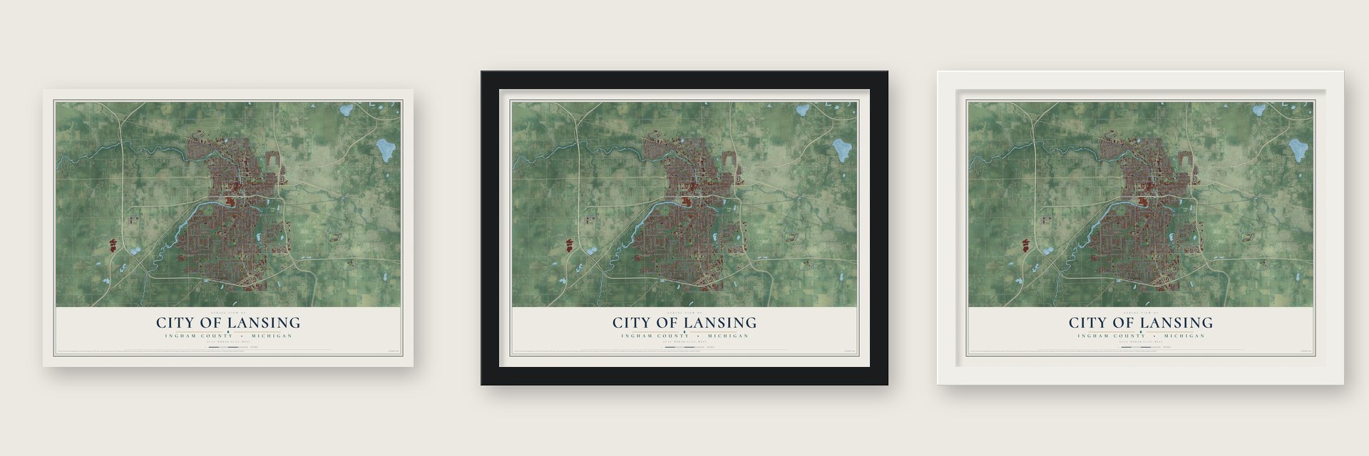 Lansing, Michigan map unframed, in a black wood frame and in a white wood frame