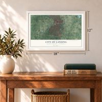 Lansing, Michigan map, 12 x 18 inch print in a white frame in an entryway