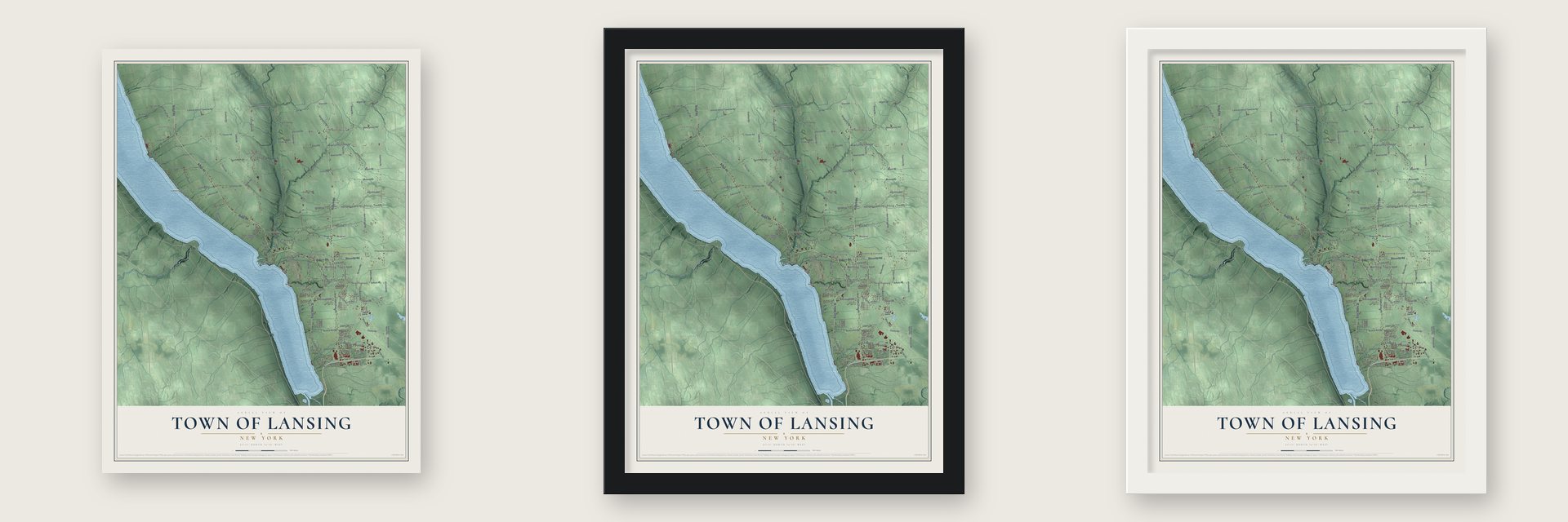 Town of Lansing, New York map unframed, in a black wood frame and in a white wood frame