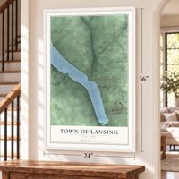 Town of Lansing, New York map, 24 x 36 inch print in a white frame by a staircase