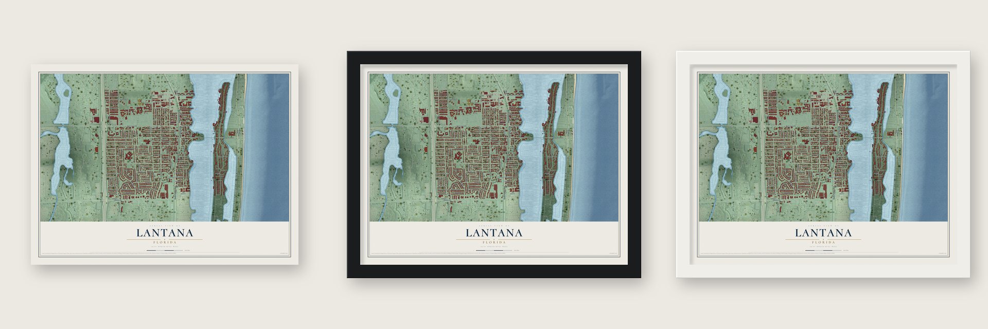 Lantana, Florida map unframed, in a black wood frame and in a white wood frame