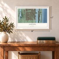 Lantana, Florida map, 12 x 18 inch print in a white frame in an entryway