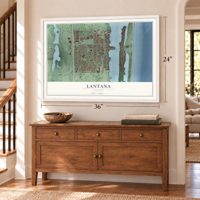 Lantana, Florida map, 24 x 36 inch print in a white frame above a dresser by a staircase